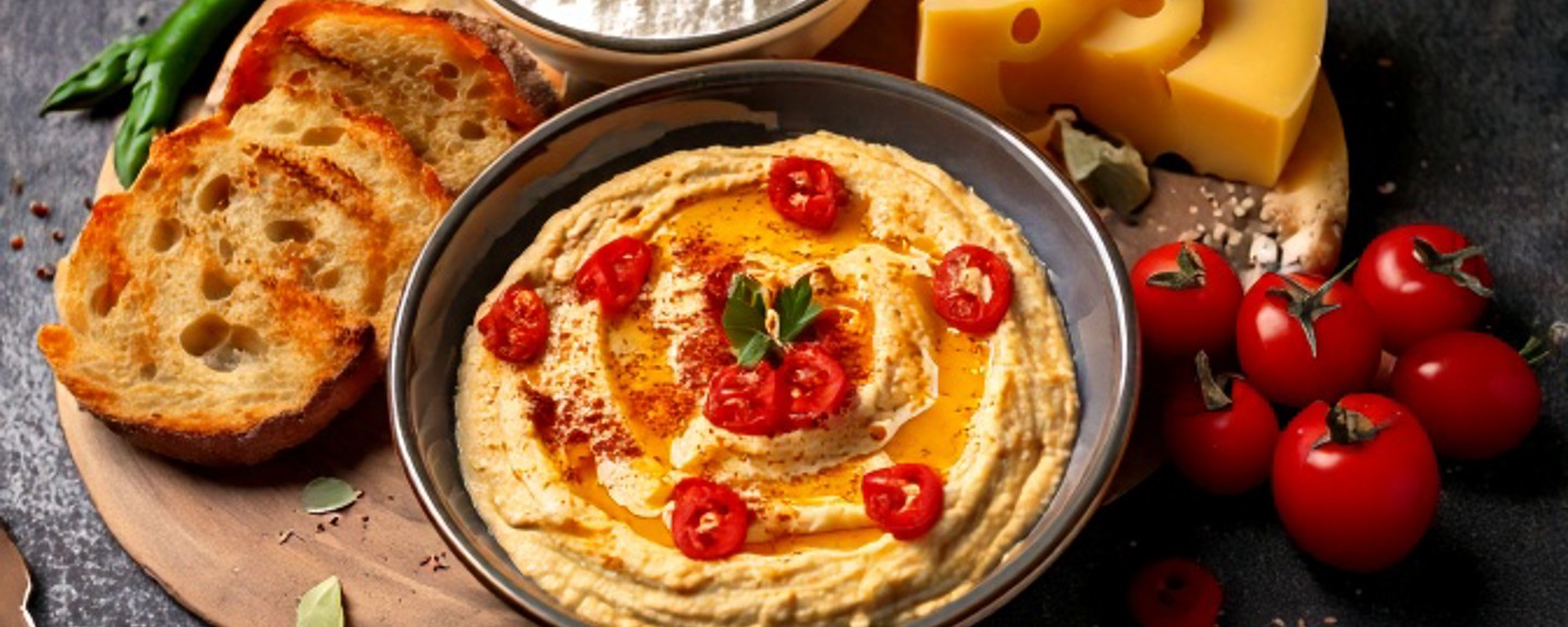 Firefly hummus with tomato and chili pepper, tomatos and chili and bread and cheese next to plate as.jpg